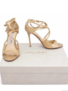 Jimmy Choo Lang Nude Patent Leather Strappy Sandals Heels 37.5